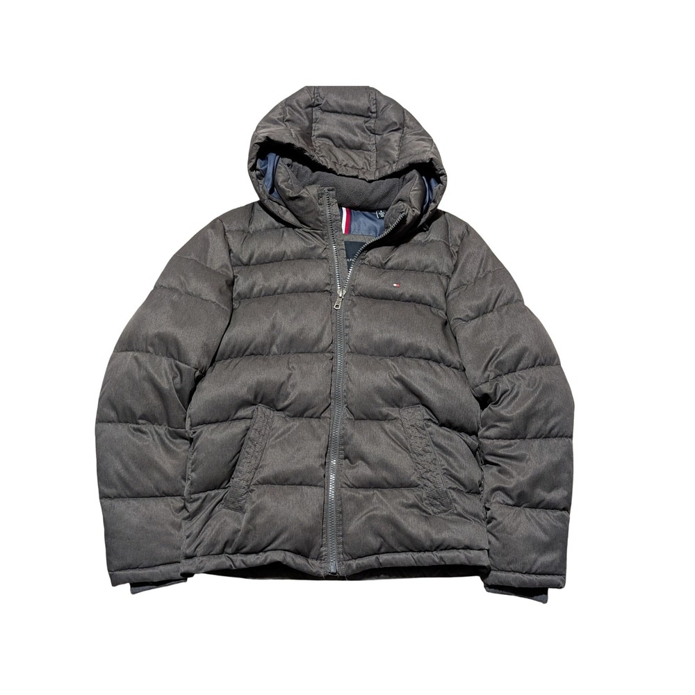 Tommy Hilfiger Puffer Jacket Mens Small Gray Hooded Quilted Full Zip Winter Coat